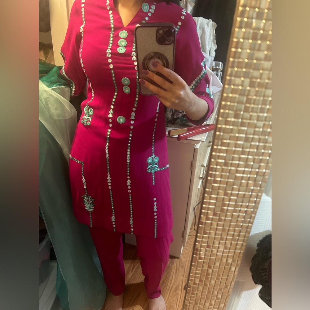 Pure georgette mirror work kameez and trousers with organzas beaded dupatta